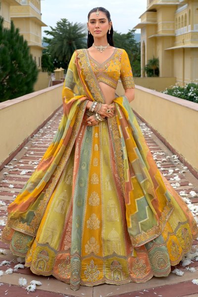 Mustard & Multicolor Silk Embroidered Lehenga Set Mustard & Multicolor Silk Embroidered Lehenga Set
