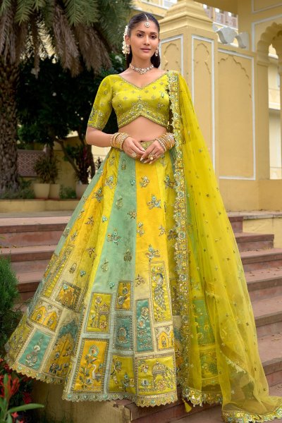 Lemon Yellow & Green Silk Embroidered Lehenga Set Lemon Yellow & Green Silk Embroidered Lehenga Set