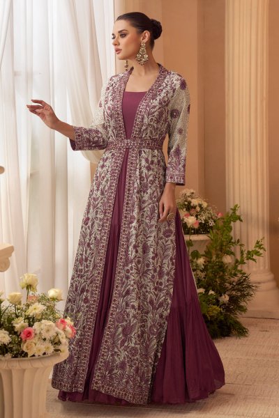 Plum Chinon Silk Anarkali Dress with White Fully Embroidered Jacket & Belt Plum Chinon Silk Anarkali Dress with White Fully Embroidered Jacket & Belt