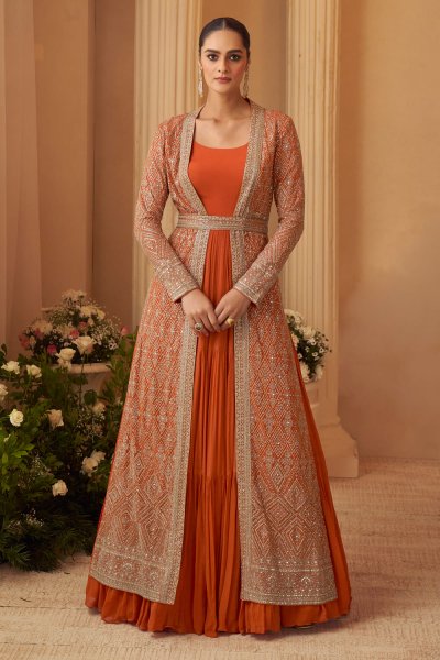 Rust Brown Chinon Silk Anarkali Dress with Fully Embroidered Jacket & Belt Rust Brown Chinon Silk Anarkali Dress with Fully Embroidered Jacket & Belt