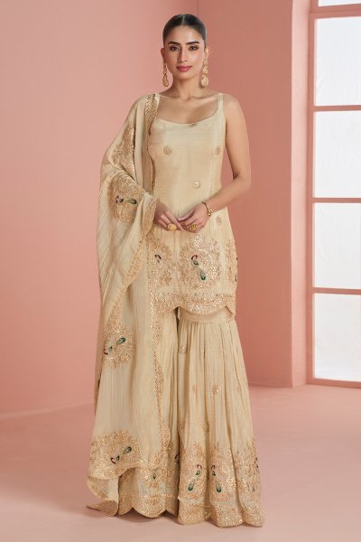 Ivory Chinon Silk Gharara Set with Embroidered Kurta & Dupatta