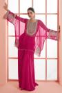 Fuchsia Pink Chinon Silk Embroidered Kaftan Style Drapped Skirt Set