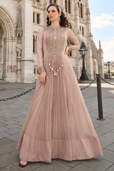 Rose Beige Silk Anarkali Dress with Dupatta Rose Beige Silk Anarkali Dress with Dupatta