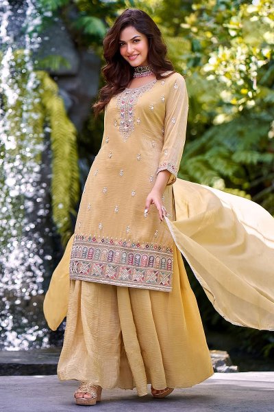 Beautiful Mustard Yellow Silk Hand Embroidered Sharara Kurta Set Beautiful Mustard Yellow Silk Hand Embroidered Sharara Kurta Set