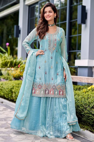 Pastel Blue Premium Silk Hand Embroidered Sharara Kurta Set Pastel Blue Premium Silk Hand Embroidered Sharara Kurta Set