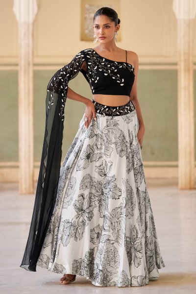 Black & White Crepe Silk Indowestern Printed & Embroidred Skirt & Top Set