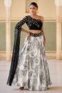 Black & White Crepe Silk Indowestern Printed & Embroidred Skirt & Top Set