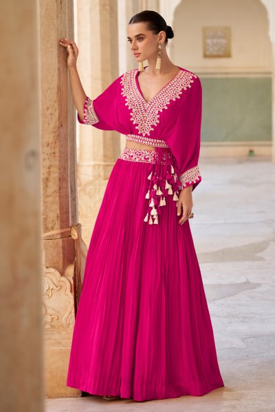 Fuchsia Pink Chinon Silk Indowestern Embroidred Top & Skirt Set Fuchsia Pink Chinon Silk Indowestern Embroidred Top & Skirt Set