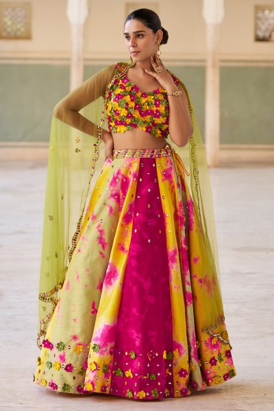 Yellow, Pink, & Multicolor Raw Silk Indowestern Printed & Embroidred Top & Skirt Set