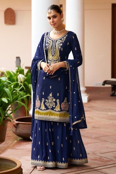 Deep Royal Blue Designer Chinon Silk Kurta Set with Palazzo & Dupatta Deep Royal Blue Designer Chinon Silk Kurta Set with Palazzo & Dupatta