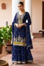 Deep Royal Blue Designer Chinon Silk Kurta Set with Palazzo & Dupatta