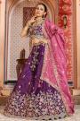 Purple & Pink Embroidered Tissue Silk Lehenga Set