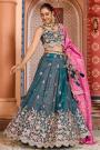 Teal Blue & Baby Pink Embroidered Tissue Silk Lehenga Set
