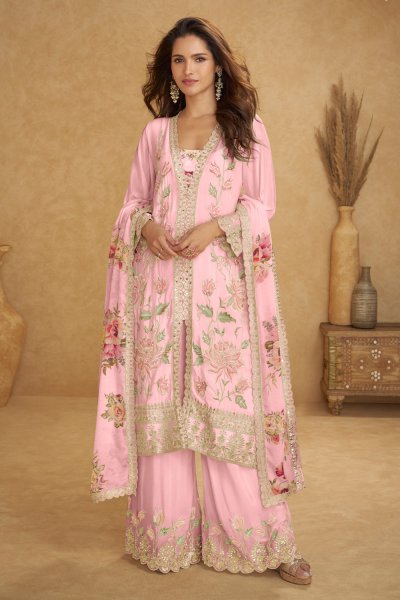 Light Pink Embroidered Premium Chinon Palazzo Set with Dupatta Light Pink Embroidered Premium Chinon Palazzo Set with Dupatta
