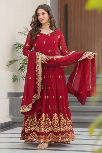Maroon Embroidered Georgette Anarkali Dress with Dupatta Maroon Embroidered Georgette Anarkali Dress with Dupatta