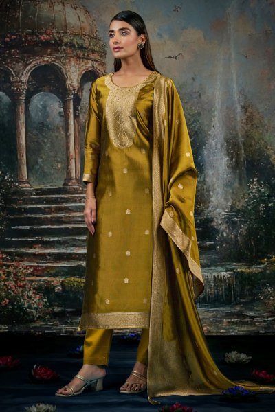 Mustard Green Zari Woven Hand Worked Silk Kurta Set Mustard Green Zari Woven Hand Worked Silk Kurta Set
