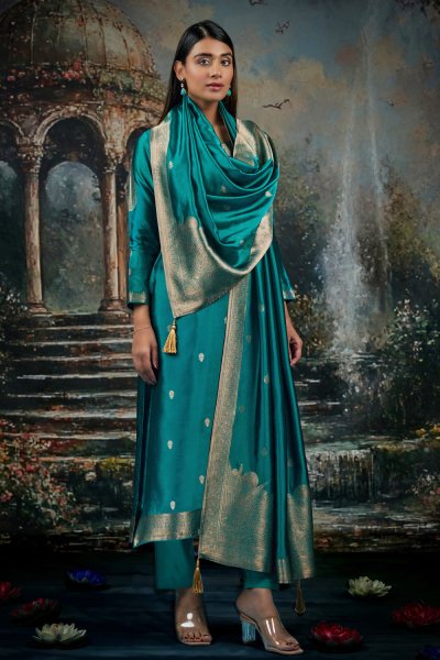 Turquoise Zari Woven Hand Worked Silk Kurta Set Turquoise Zari Woven Hand Worked Silk Kurta Set