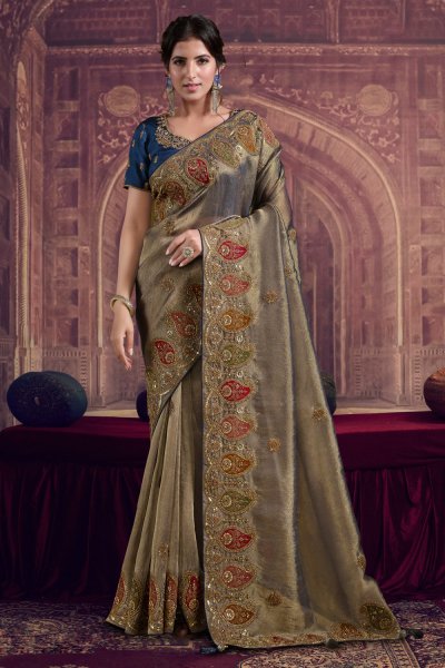 Grey Beige & Teal Blue Pure Georgette Embroidered Saree Grey Beige & Teal Blue Pure Georgette Embroidered Saree