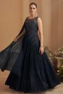Deep Navy Blue Chinon Silk Embroidered Designer Anarkali Gown
