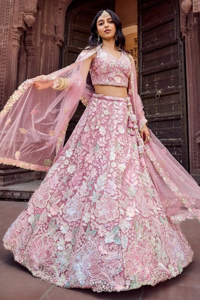 Pink Premium Net Sequins Floral Embroidered Lehenga Set