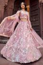 Pink Premium Net Sequins Floral Embroidered Lehenga Set