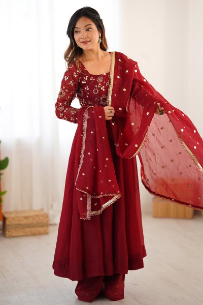 Red Embroidered Crunchy Silk Anarkali Set