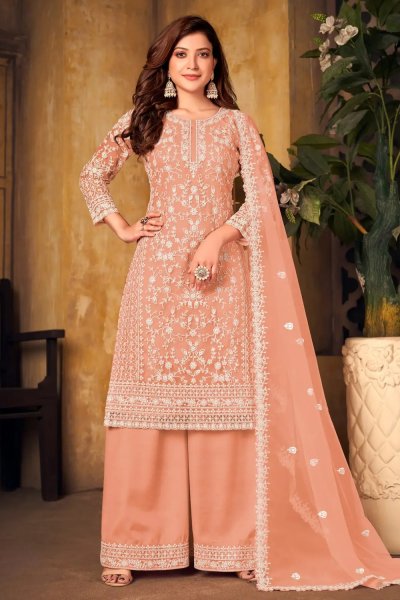 Peach Floral Embroidered Net Kurta Set