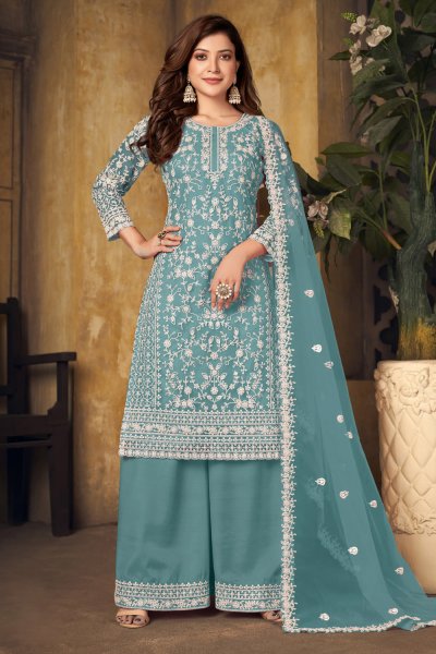 Light Blue Floral Embroidered Net Kurta Set