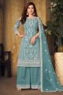Light Blue Floral Embroidered Net Kurta Set