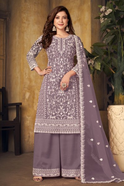 Purple Floral Embroidered Net Kurta Set