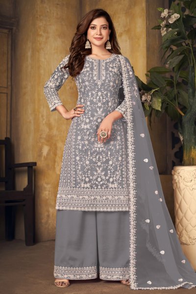 Grey Floral Embroidered Net Kurta Set