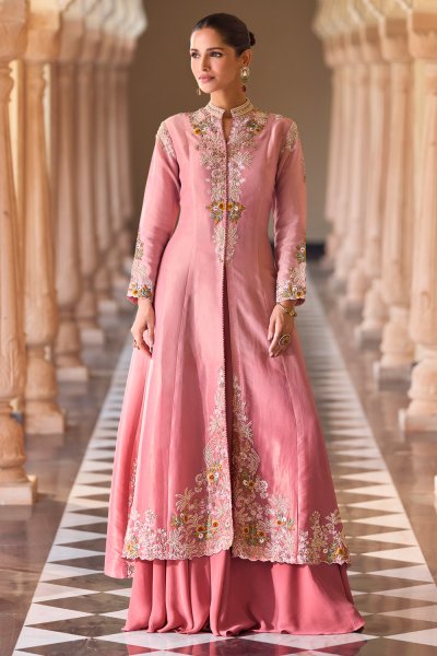 Coral Pink Premium Chinon Embroidered Indo-Western Kurta Set