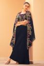 Navy Blue Embroidered Chinon Indo-Western Top & Palazzo Set with Organza Silk Shrug