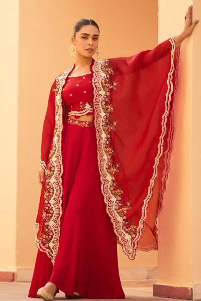 Red Embroidered Chinon Indo-Western Top & Palazzo Set with Organza Silk Shrug