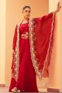 Red Embroidered Chinon Indo-Western Top & Palazzo Set with Organza Silk Shrug