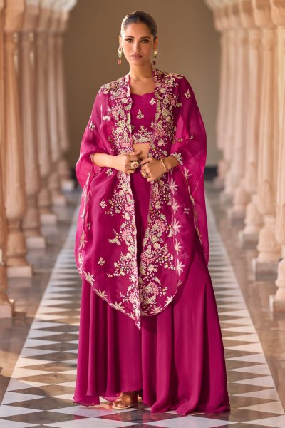 Magenta Pink Premium Chinon Indo-Western Top & Palazzo Set with Organza Silk Shrug