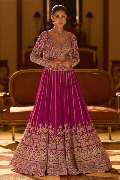 Magenta Pink Georgette Indo-Western Embroidered Top & Skirt Set with Jacket