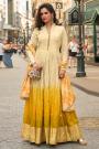 Deep Ivory & Yellow Mustard Ombre Tissue Silk Anarkali Dress with Yellow Floral Dupatta