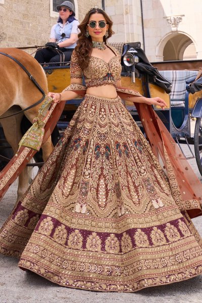 STUNNING Rusty Orange & Red Gold Designer Net Embroidered Lehenga Set with Belt