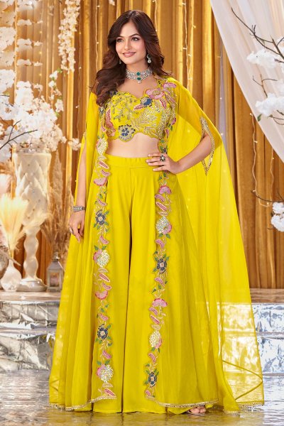 Beautiful Lemon Yellow Georgette Embroidery Top with Sharara & Organza Shrug