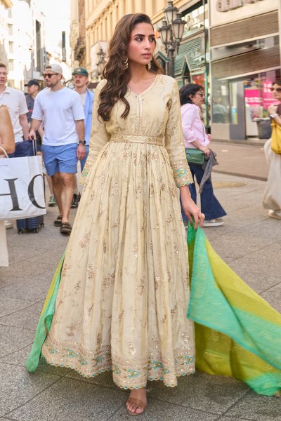 Ivory Soft Tissue Silk Anarkali Dress with Green & Aqua Bandhani Dupatta