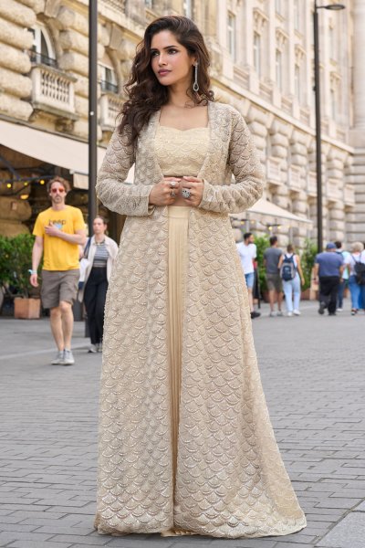 Deep Ivory French Crepe Silk Embroidered Indo-Western Top & Dhoti Skirt Set with Net Jacket