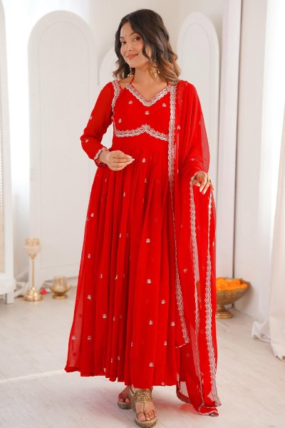Red Georgette Embroidered Anarkali Set with Dupatta
