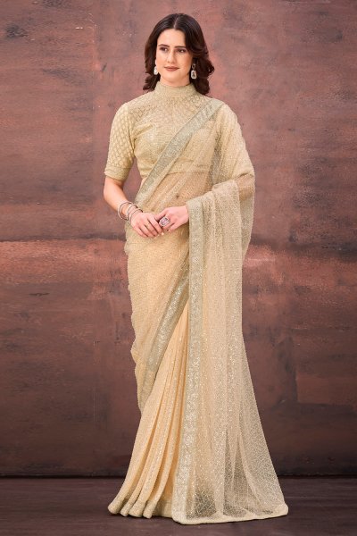 Cream Crush Satin & Net Embellished Designer Saree