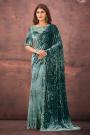 Light Blue Velvet & Net Embroidered Designer Saree