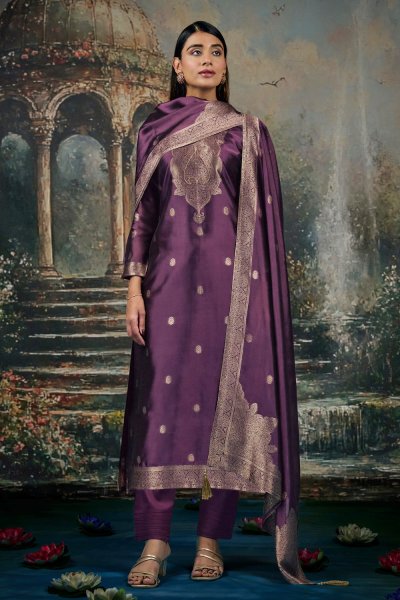 Plum Zari Woven Hand Worked Silk Kurta Set Plum Zari Woven Hand Worked Silk Kurta Set