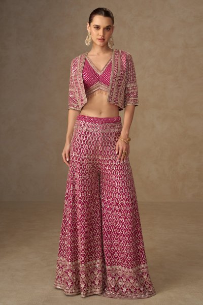 Magenta Pink Georgette Embroidered Indo-Western Top & Palazzo Set with Jacket Magenta Pink Georgette Embroidered Indo-Western Top & Palazzo Set with Jacket