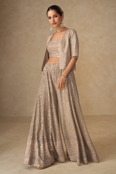 Beige Georgette Embroidered Indo-Western Top & Palazzo Set with Jacket Beige Georgette Embroidered Indo-Western Top & Palazzo Set with Jacket