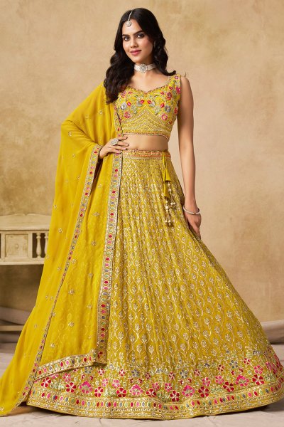 Mustard Yellow Georgette Embroidered Lehenga Set Mustard Yellow Georgette Embroidered Lehenga Set