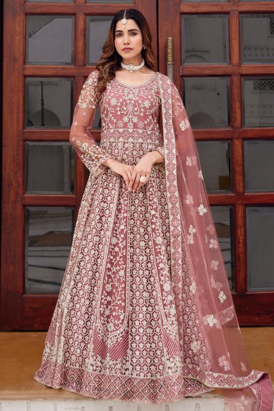 Blush Pink Designer Embroidered Net Anarkali Dress with Dupatta Blush Pink Designer Embroidered Net Anarkali Dress with Dupatta